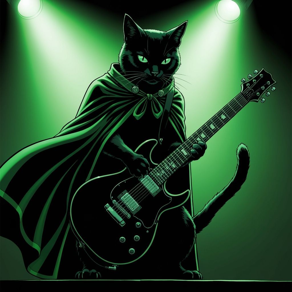 Black Cat Rocks Out on Electric Guitar in Graphic Novel Styl...
