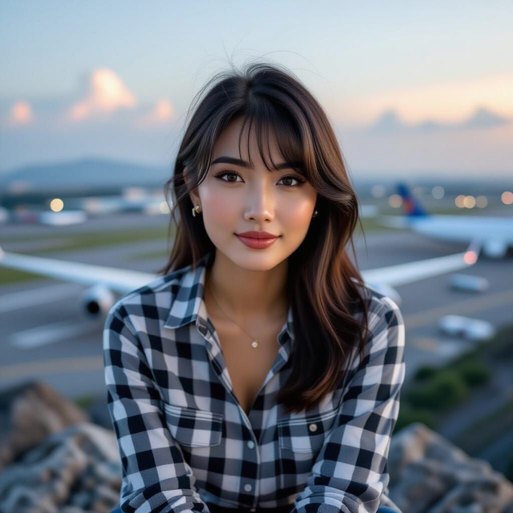 ASEAN Woman on Rocky Peak Overlooking KLIA Airport
