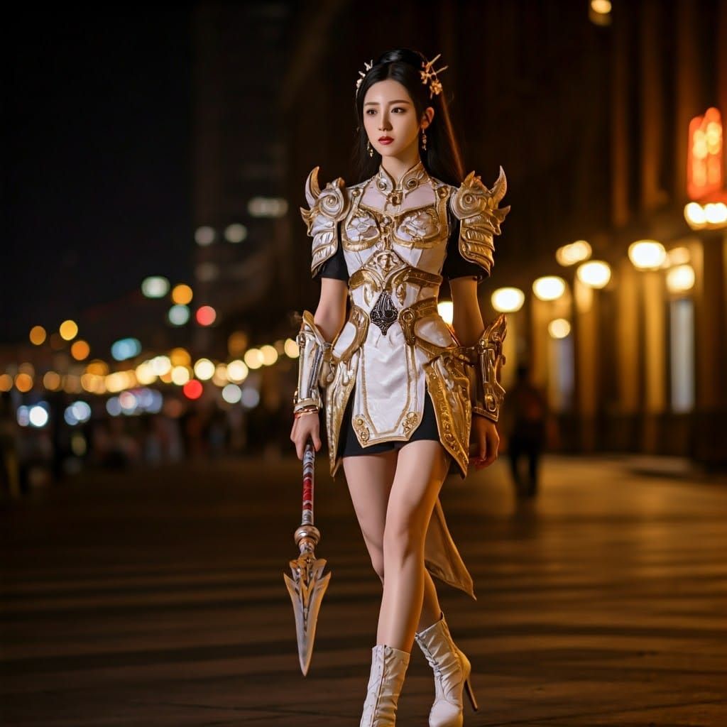 Elegant Warrior Strolls Shanghai Streets at Night