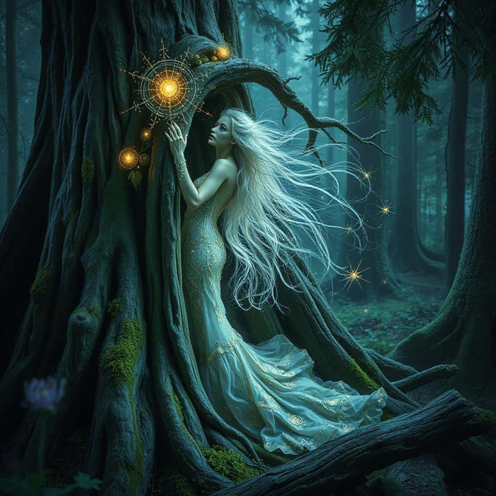 Celestial Dryad Emerges in Bioluminescent Forest