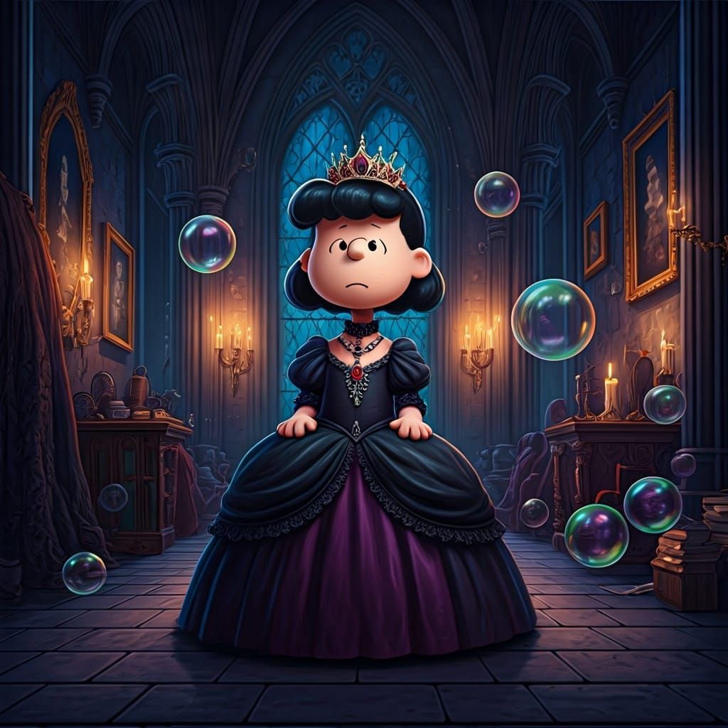 picture Lucy Van Pelt from Peanuts as a gothic bubble princess, exploring a haunted castle filled with floating bubbles ...