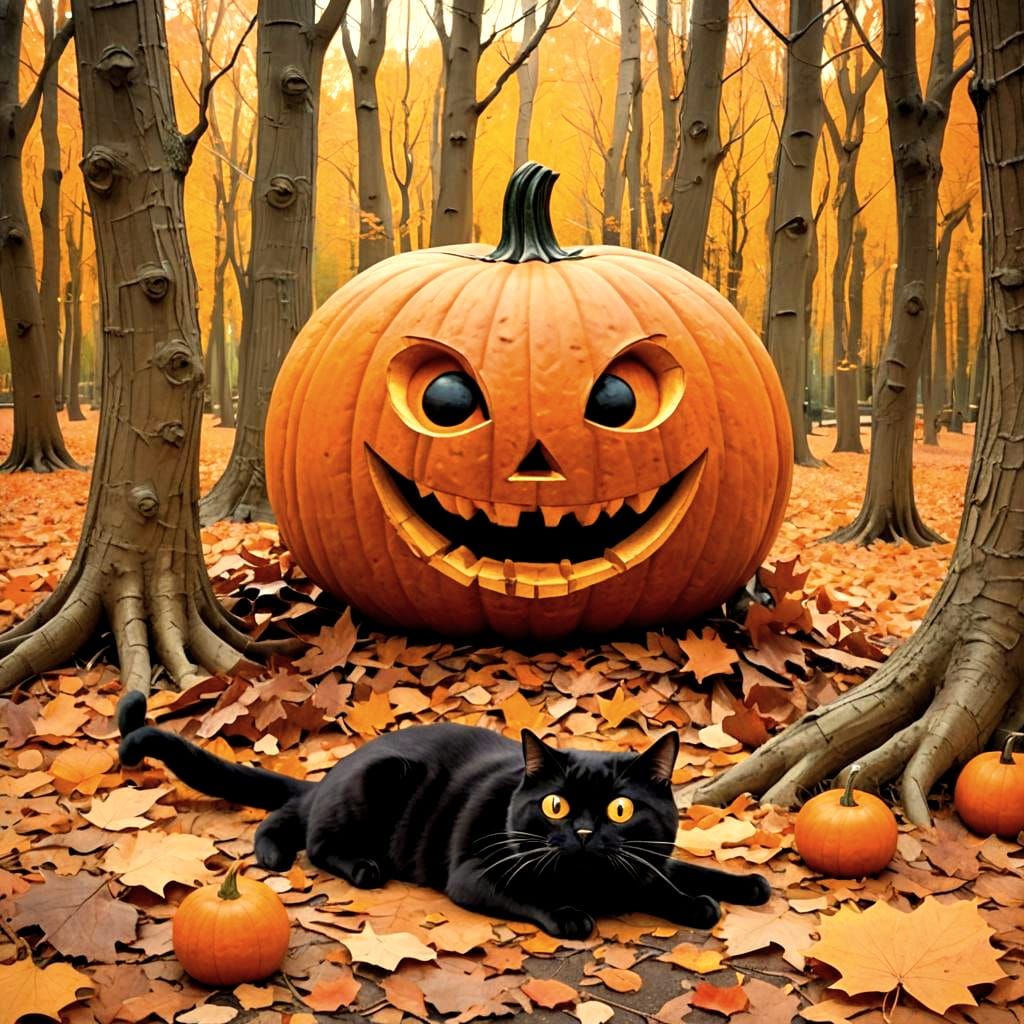 Whimsical Autumn Pumpkin With Black Cat, Alcohol Ink Style