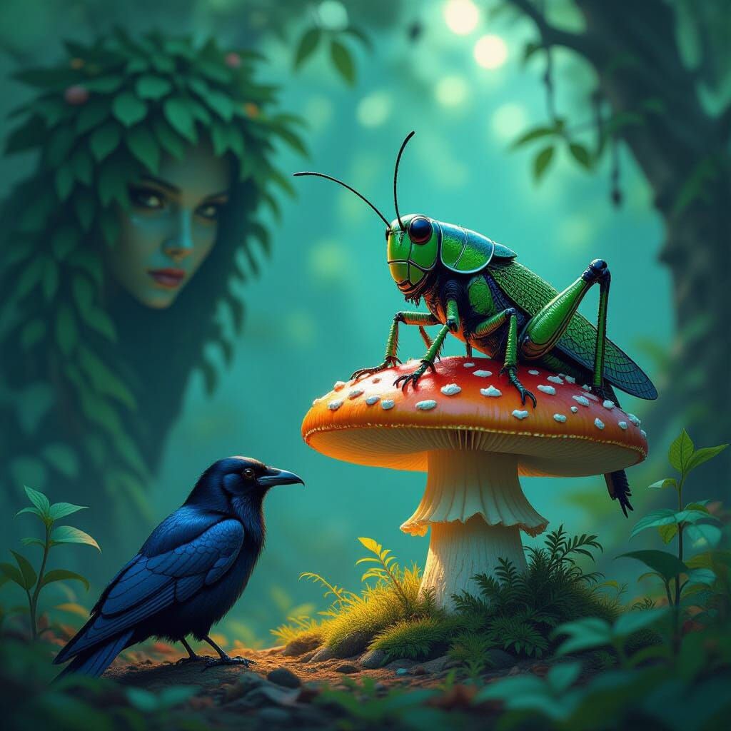 Armored Cricket and Raven in Fantasy Forest