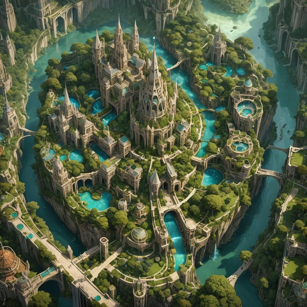 Elven City with World Tree, Hyper-Realistic Aerial View