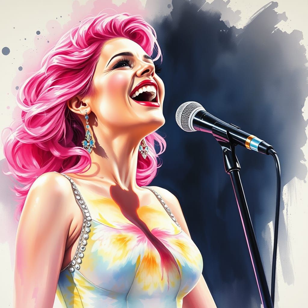 Pink-Haired Singer in Alcohol Ink Splatter Style
