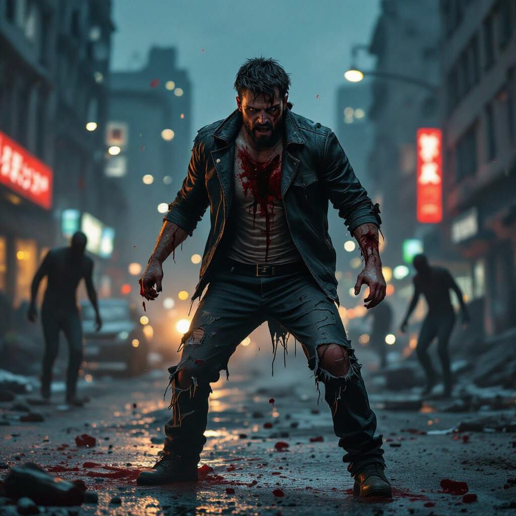 Man Fighting Zombies in Ruined City, Realistic Dark Art