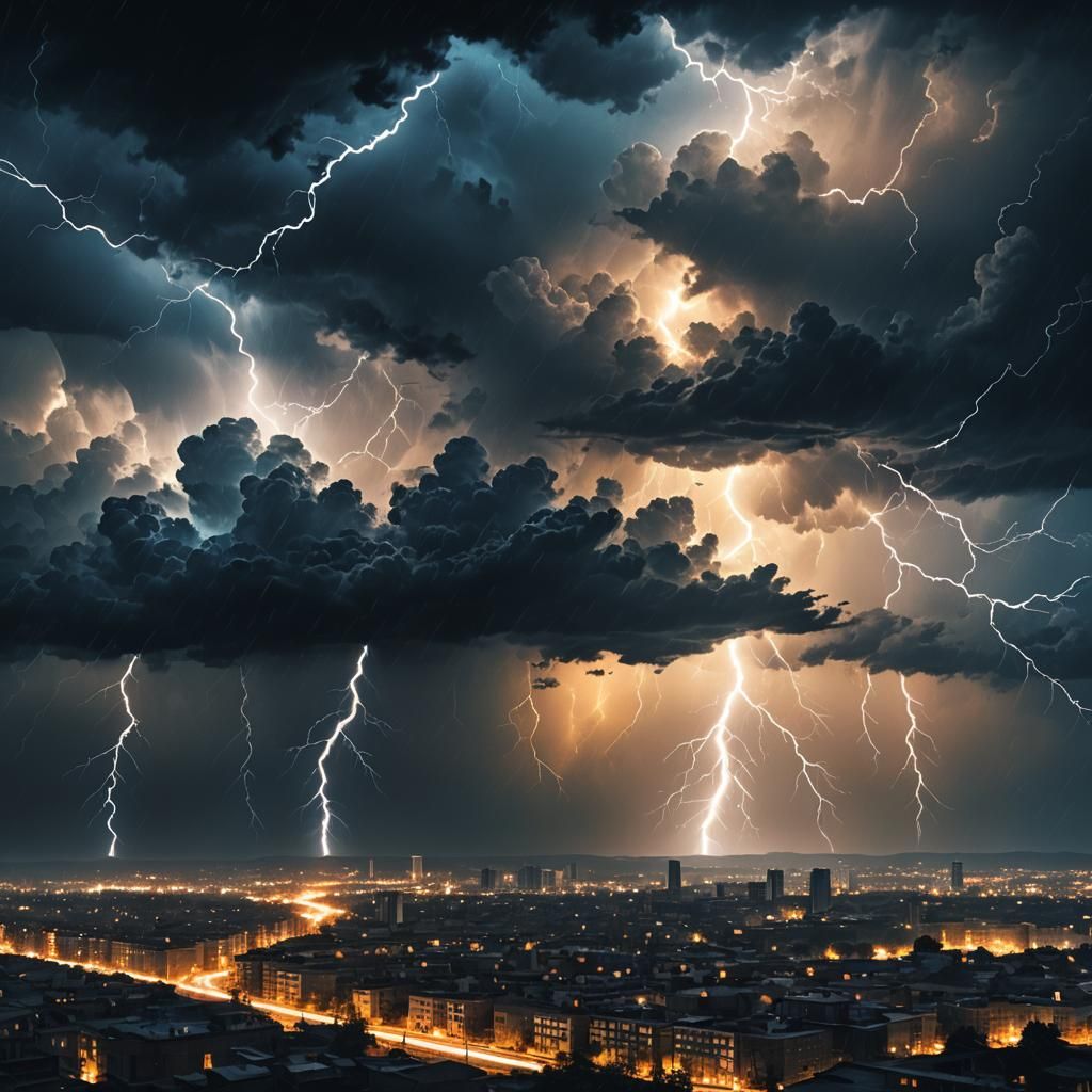 Dramatic Lightning Storm Over Dark Cityscape