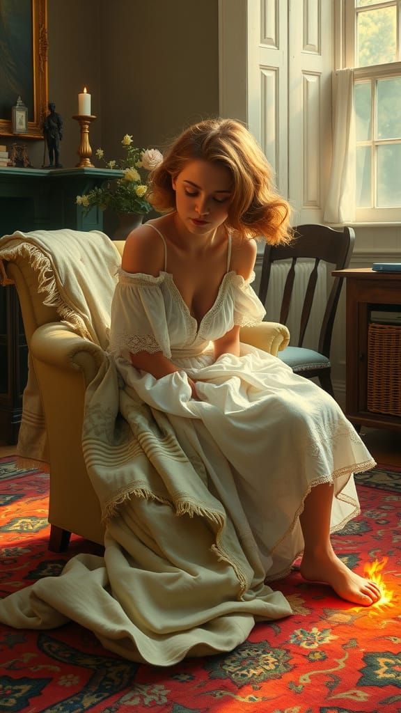 Young Girl Sits on Lava Floor with Rug Burns