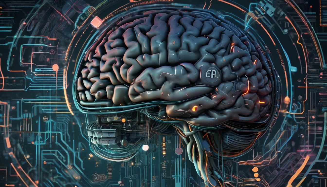 Vibrant Human Brain Illustration with High-Tech Elements