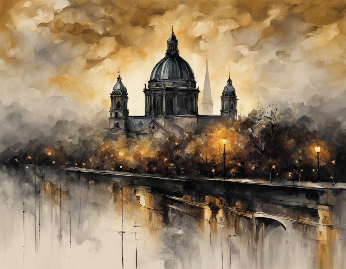 St Stephen's Cathedral in Viennese Fog, Ink and Watercolor B...