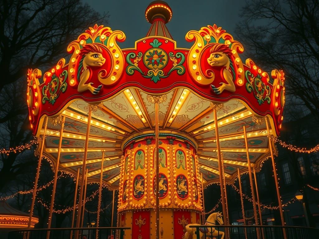 Magical Night Carousel Aglow with Fairy Lights