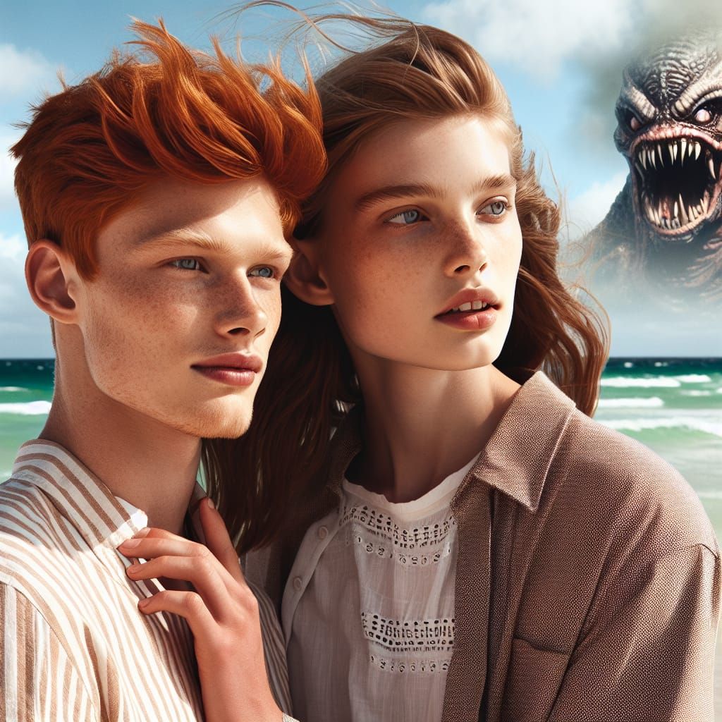 Romantic Beach Scene with Lurking Sea Monster