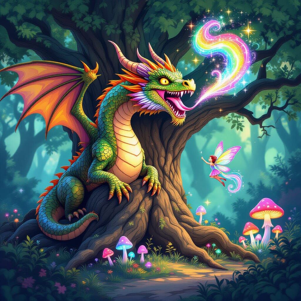 Majestic Dragon on Ancient Tree with Rainbow Sparkle Yawn