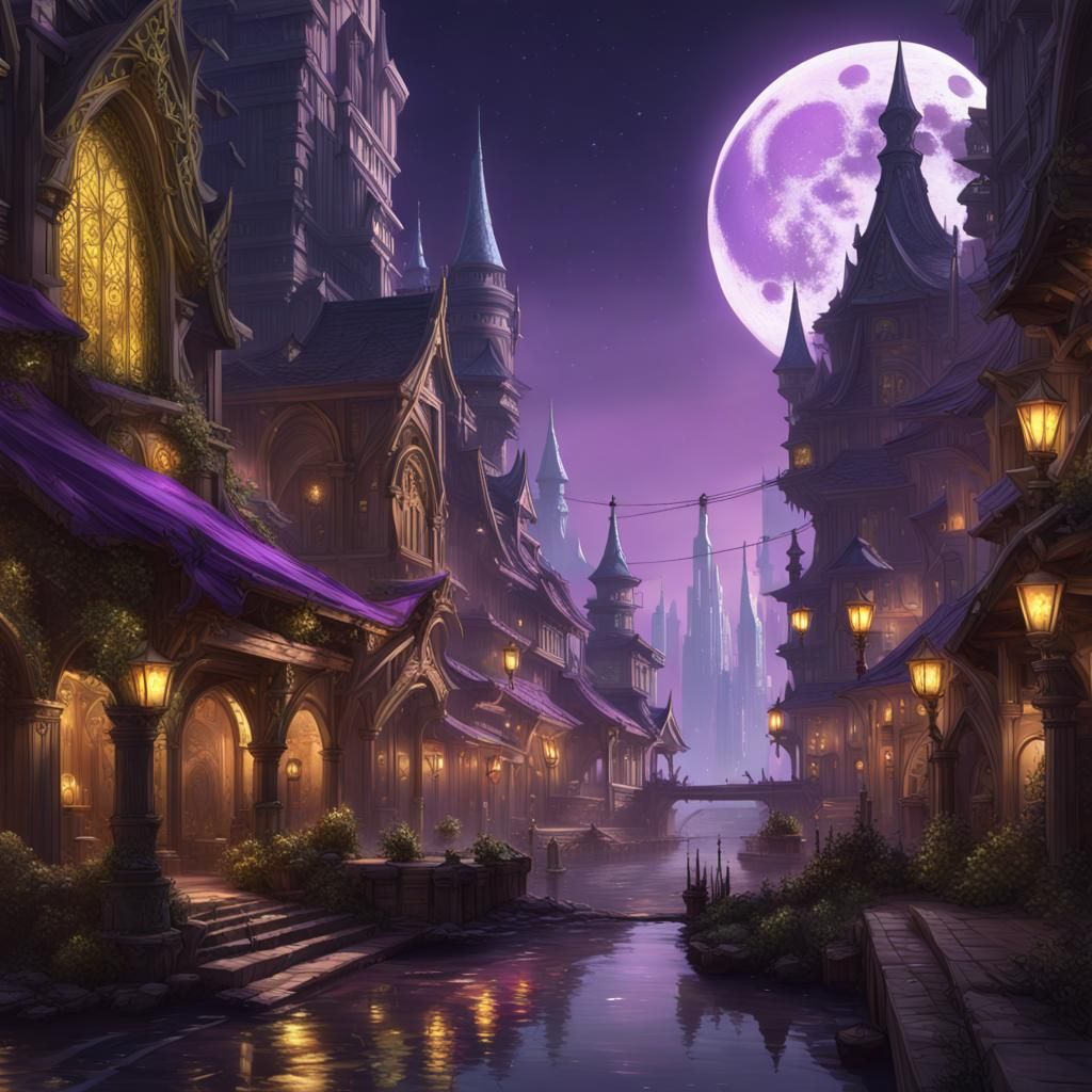 Detailed Moon Elf City in Dark Fantasy Style