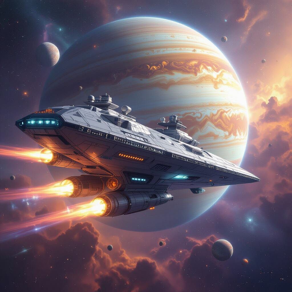 Spaceship Travels Through Galactic Nebula in Astral Art