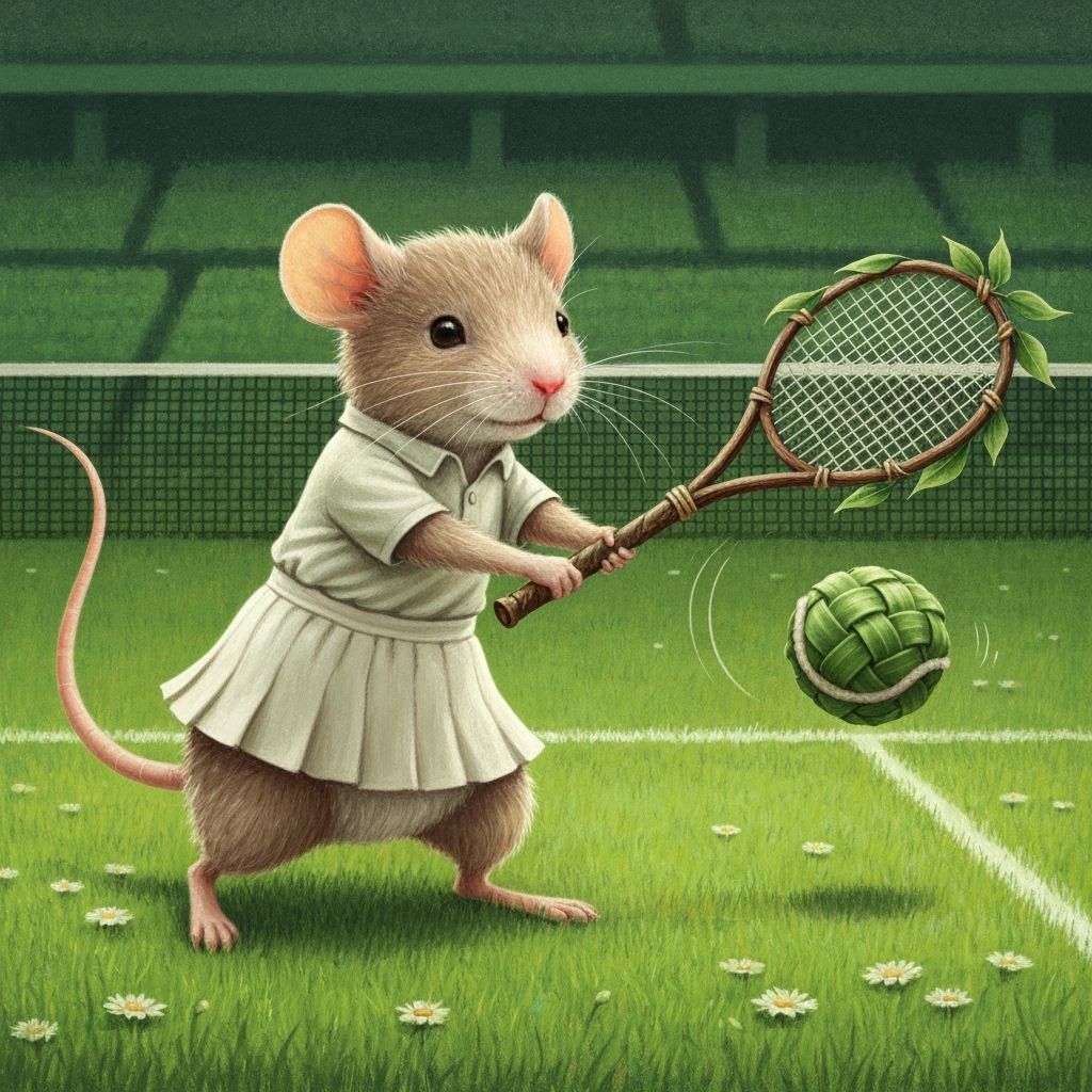 Mouse Tennis Player in Lush Stadium, Storybook Style