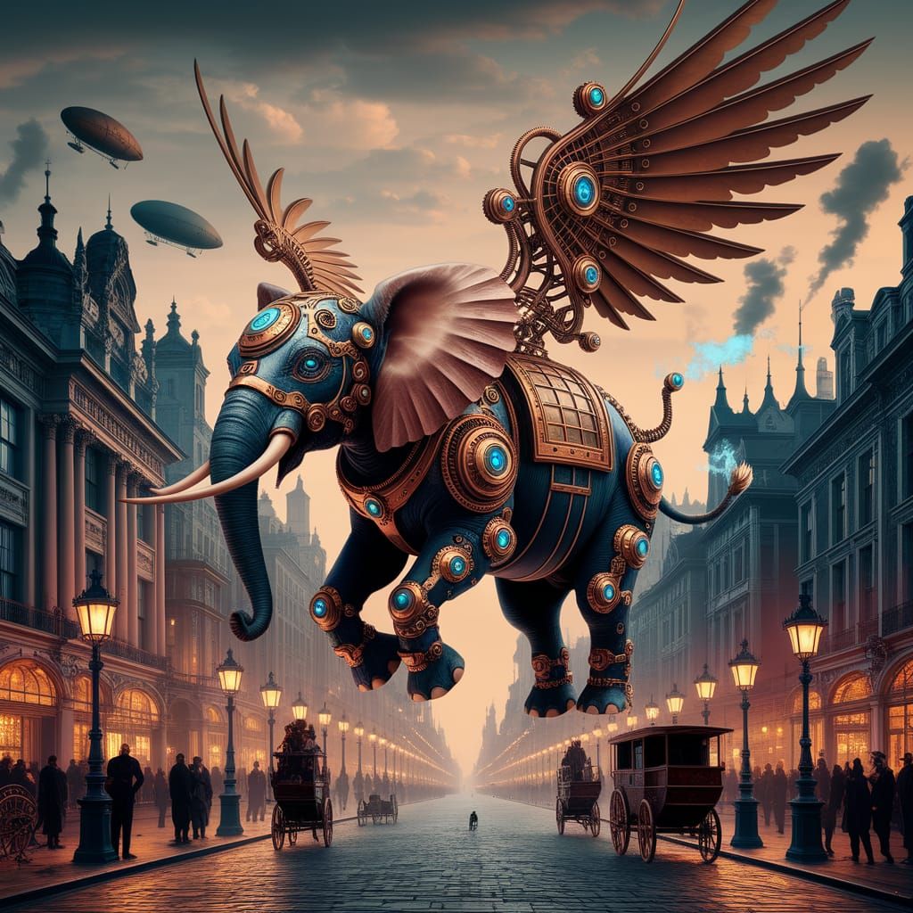 Steampunk Elephant Soaring Over Victorian City