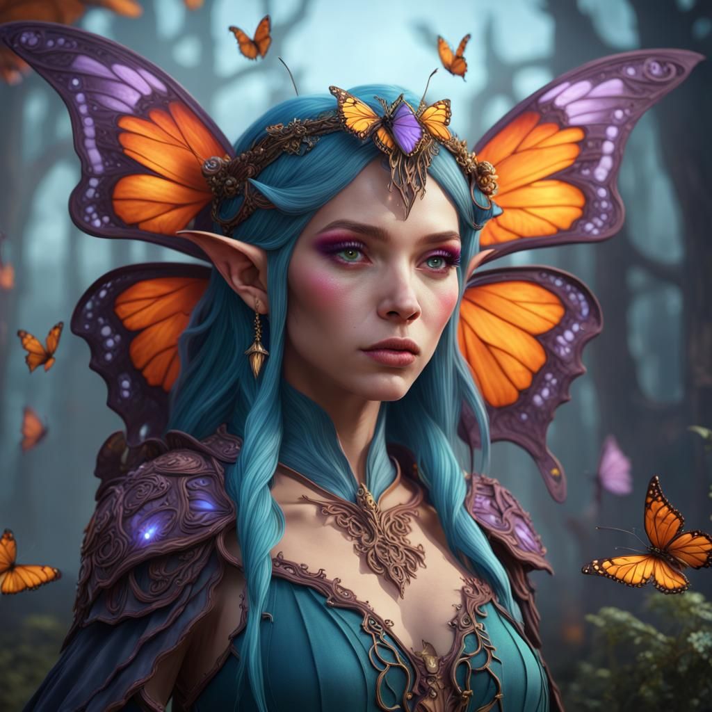 Butterfly Elf Witch: Detailed Fantasy Art