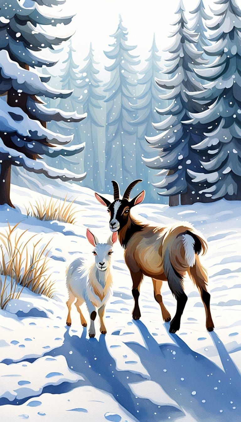 Whimsical Watercolor Scene of Baby Goat and Rabbit in Snowy ...