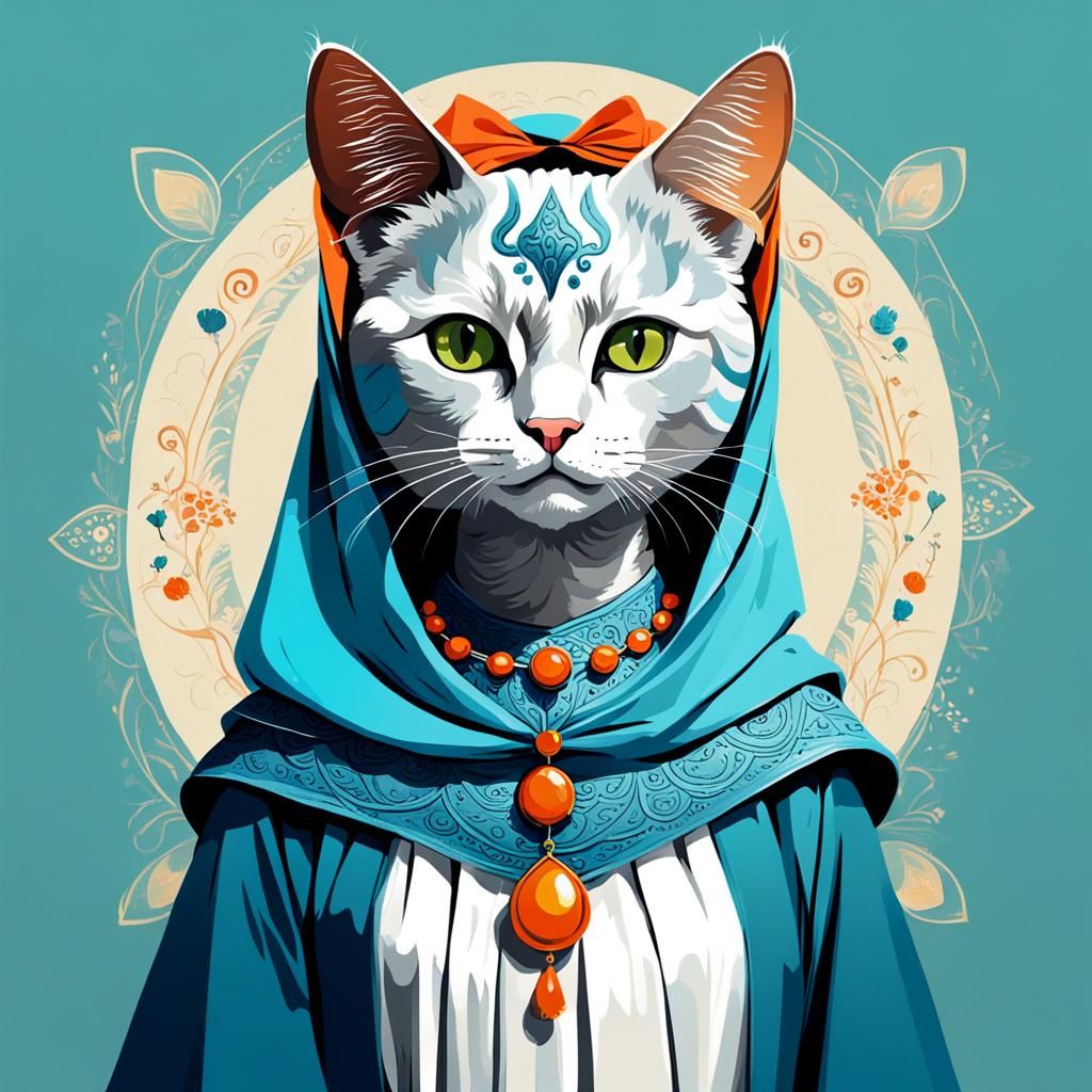 Anthropomorphic Cat Maiden in Abstract Art