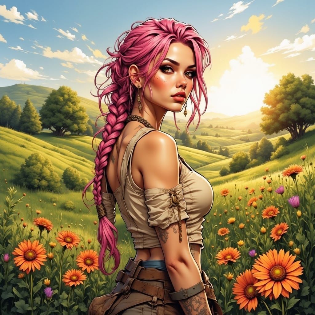 Epic Portrait of a Woman in a Vibrant, Cell-Shaded Landscape