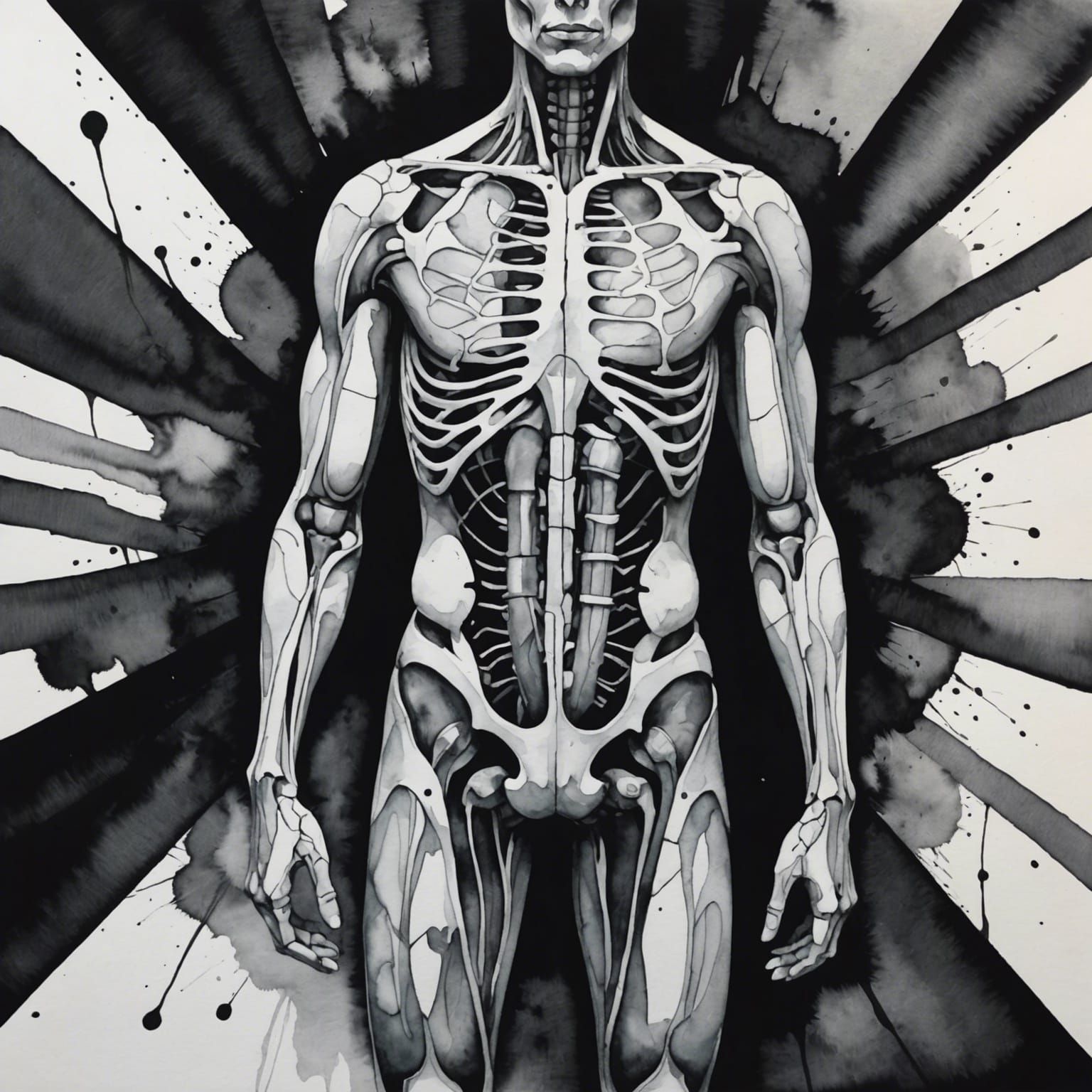 Monochrome Watercolor Painting of Human Body Interior