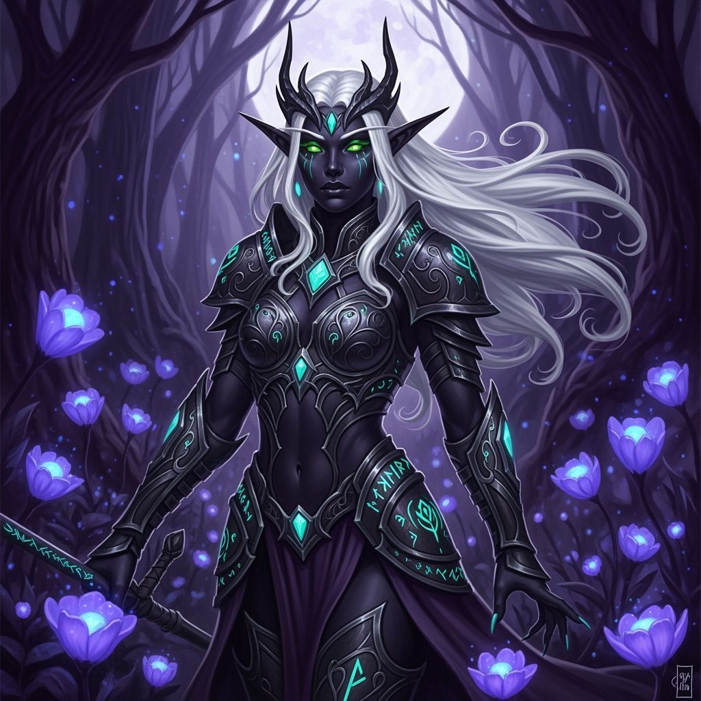 Dark Elf in Moonlit Forest: Fantasy Concept Art