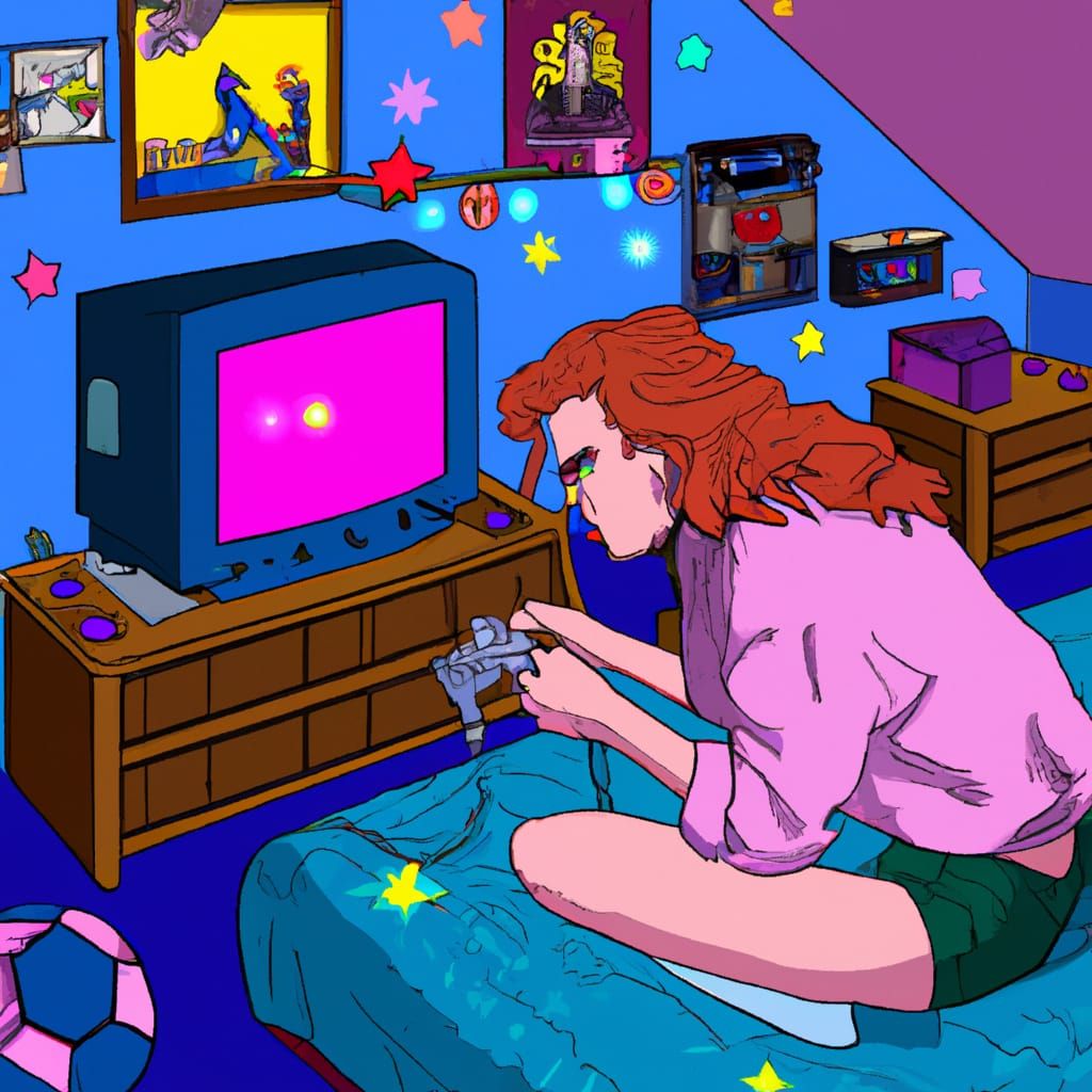 Redhead Girl Plays 80s Games in Retrowave Style