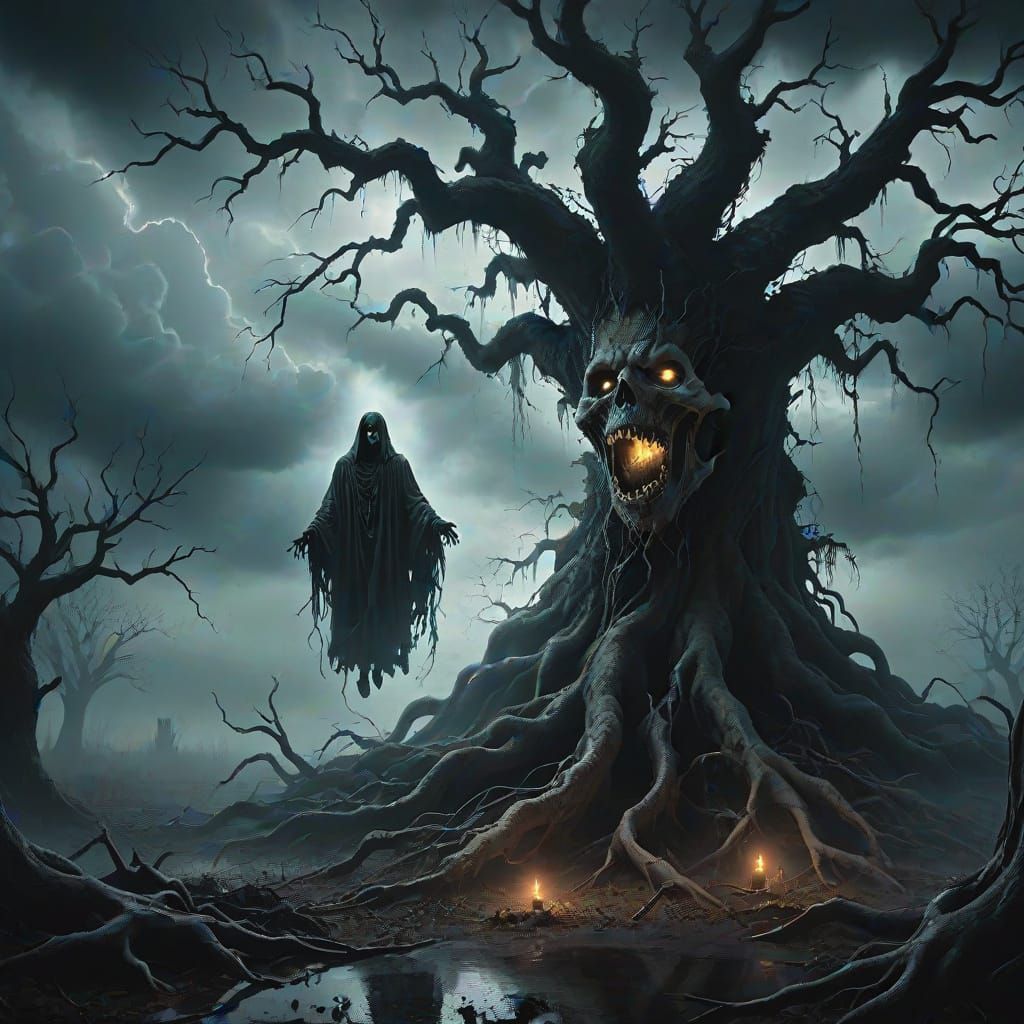 Banshee Screaming from Haunted Tree in Dark Fantasy Art