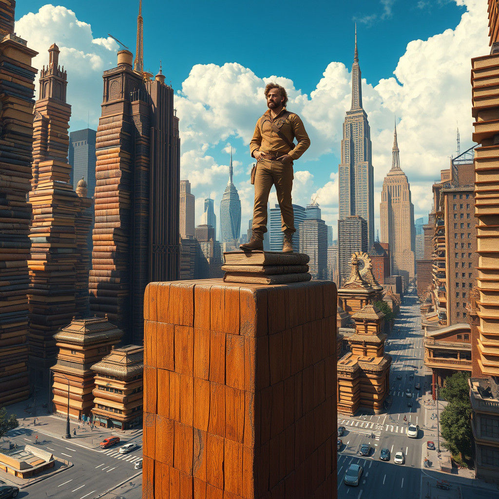Miniature Man on Giant Block in Surreal World
