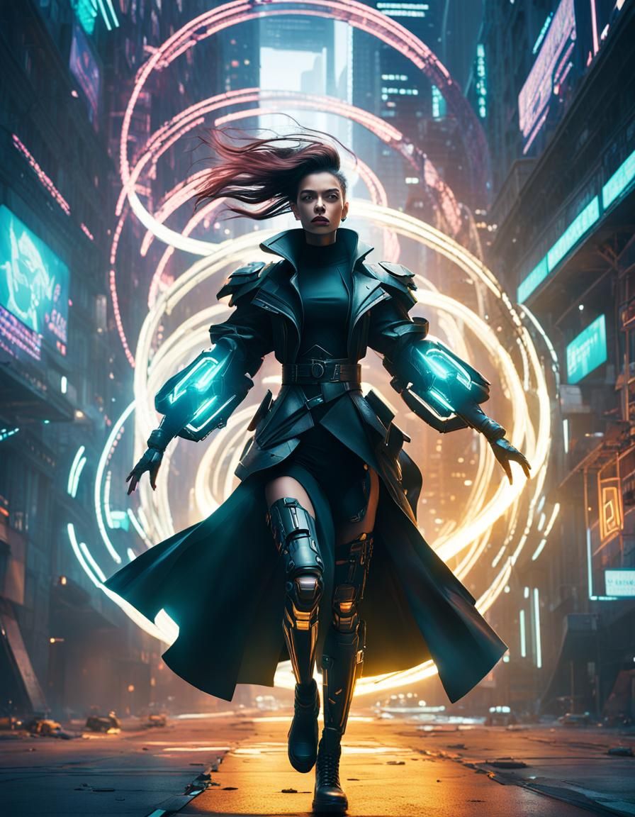 Cyberpunk Woman in Futuristic Magical Light