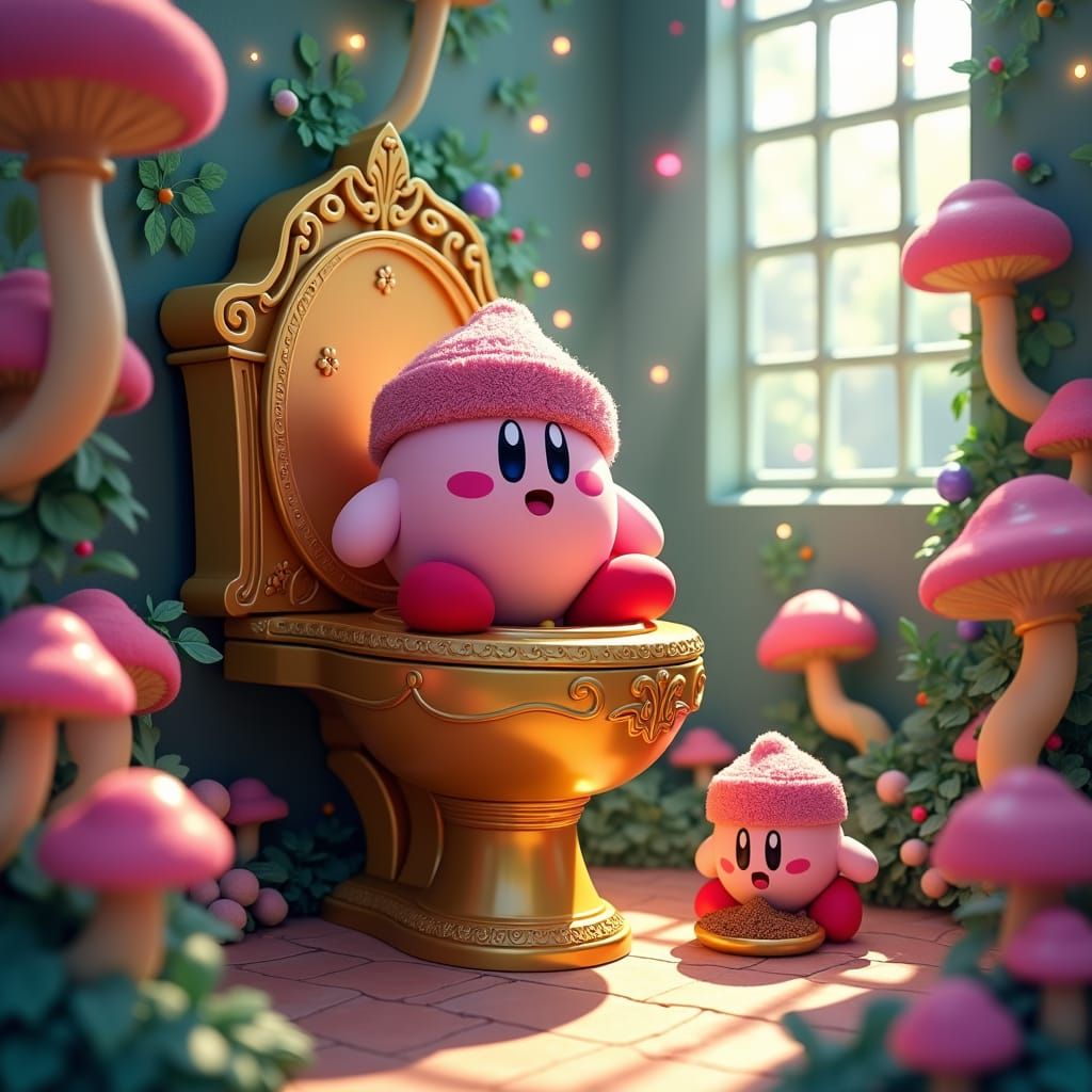 Kirby on Golden Toilet in Dreamworld Bathroom