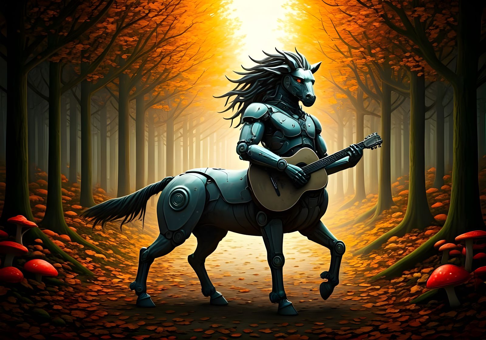 Cyborg Centaur Plays Guitar in Teslapunk Arcology