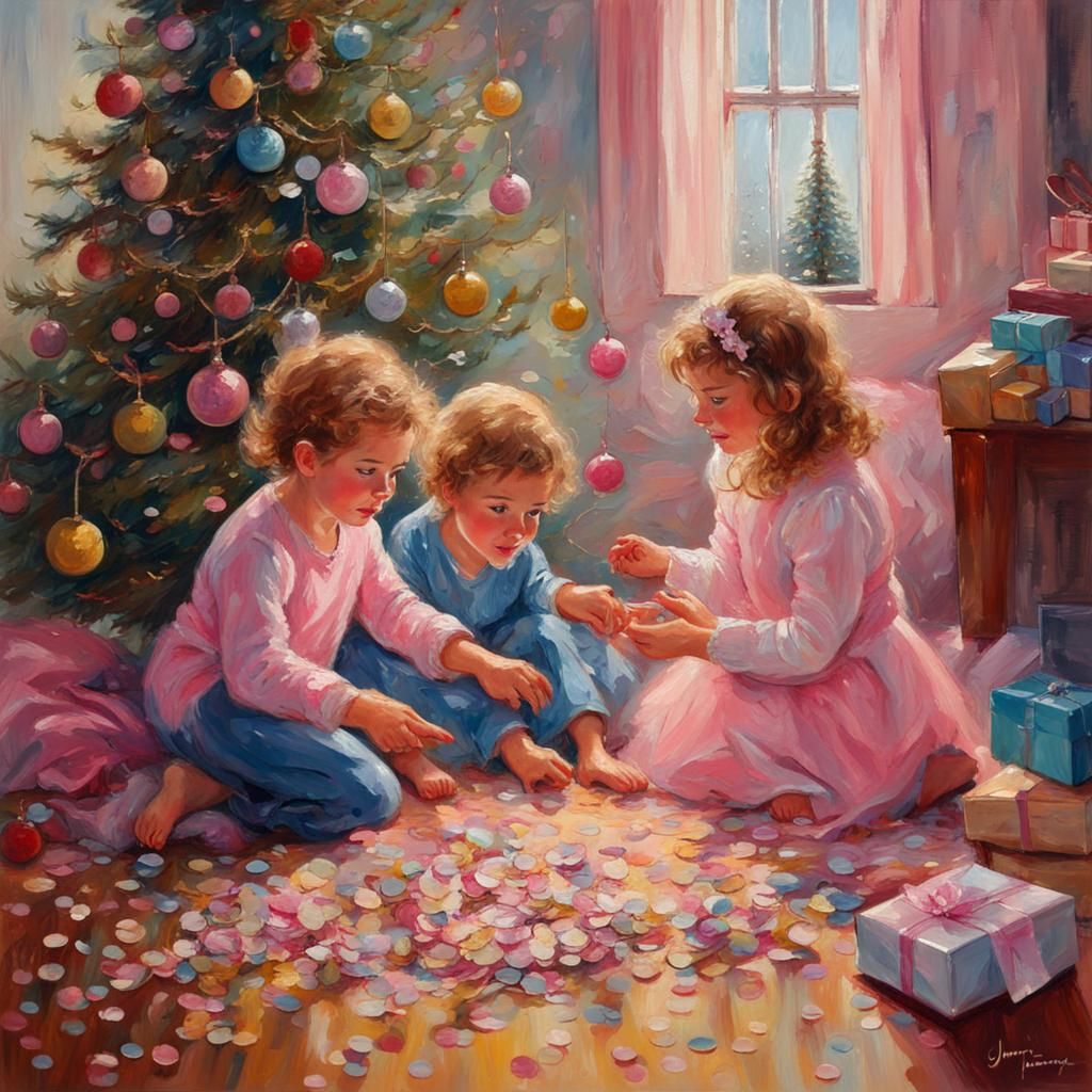 Festive Children Celebrate Christmas in Oil Painting Style