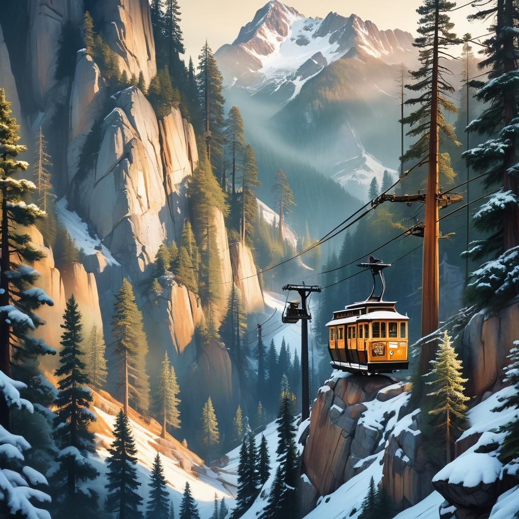 Vintage Cable Car Mountain Landscape Poster