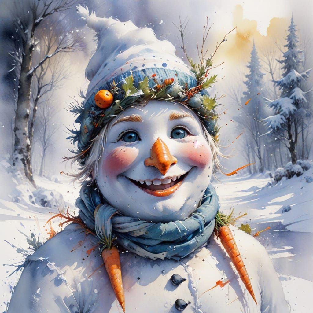 Snowman in Winter Wonderland, Watercolour Style
