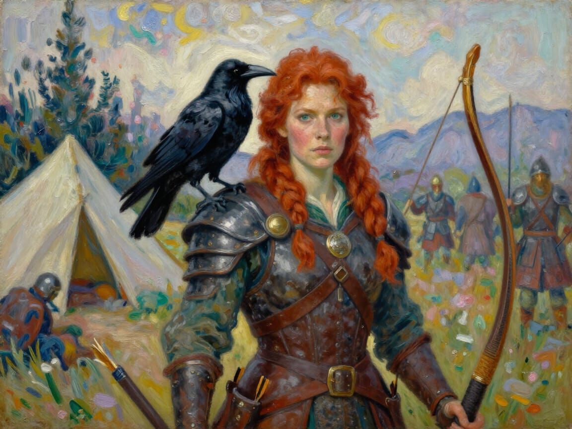 Magical Gnome Warrior with Raven Familiar in Neo-Impressioni...