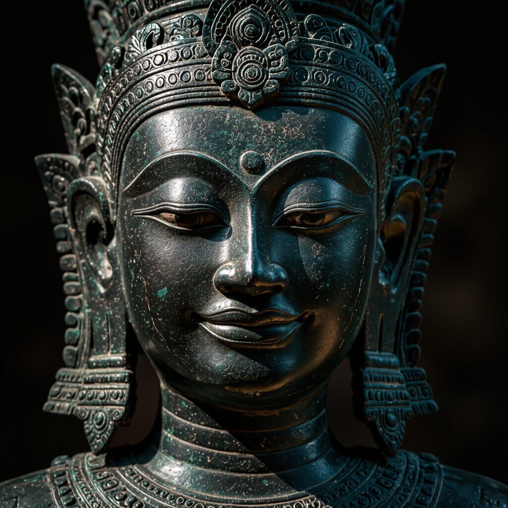 Ancient Thai Bronze Head with Intricate Detail