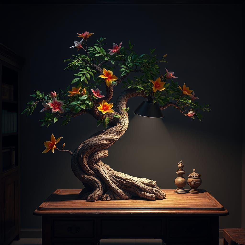 Bonsai Tree Lamp in Hyperrealistic Surreal Style