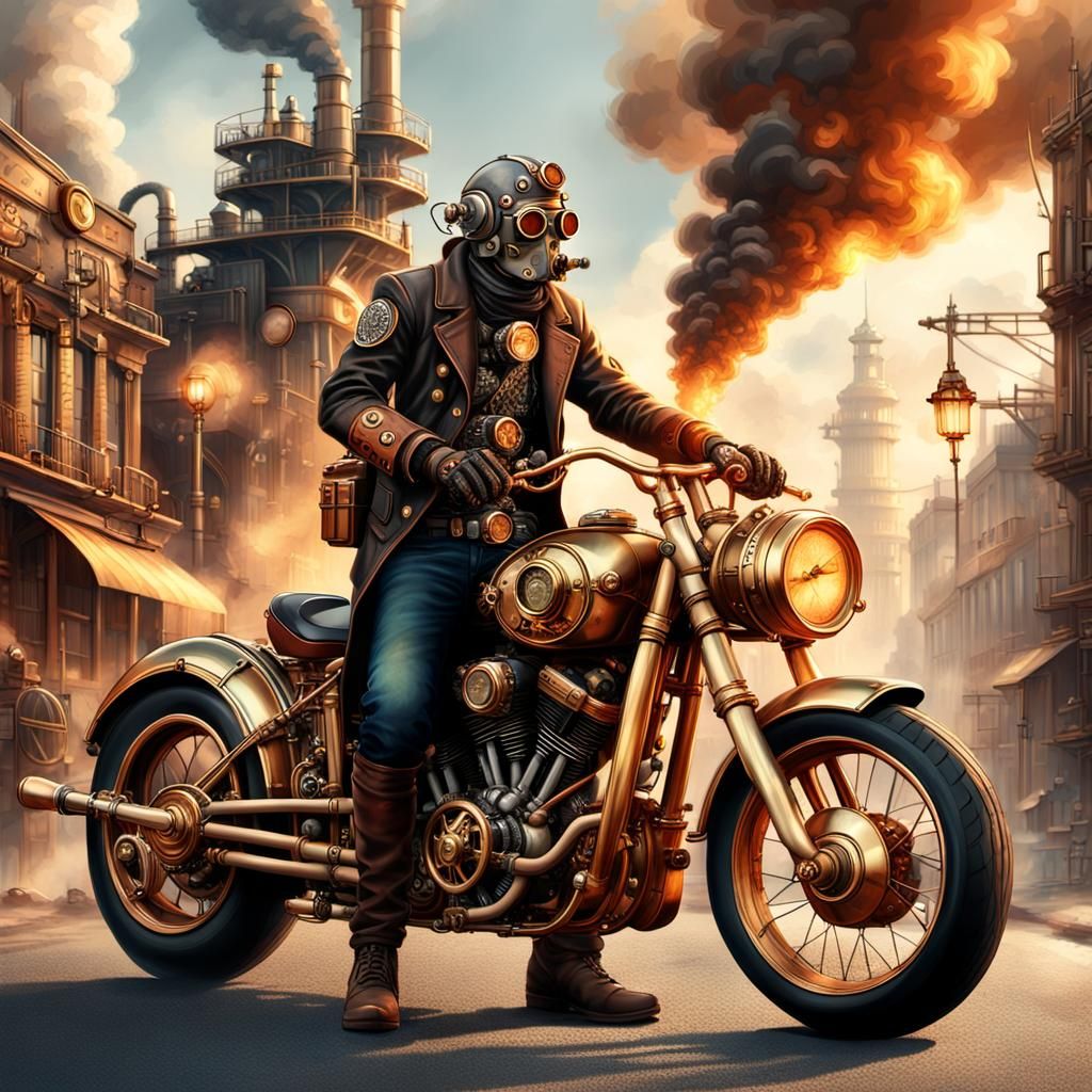 Steampunk Motorcyclist on City Road