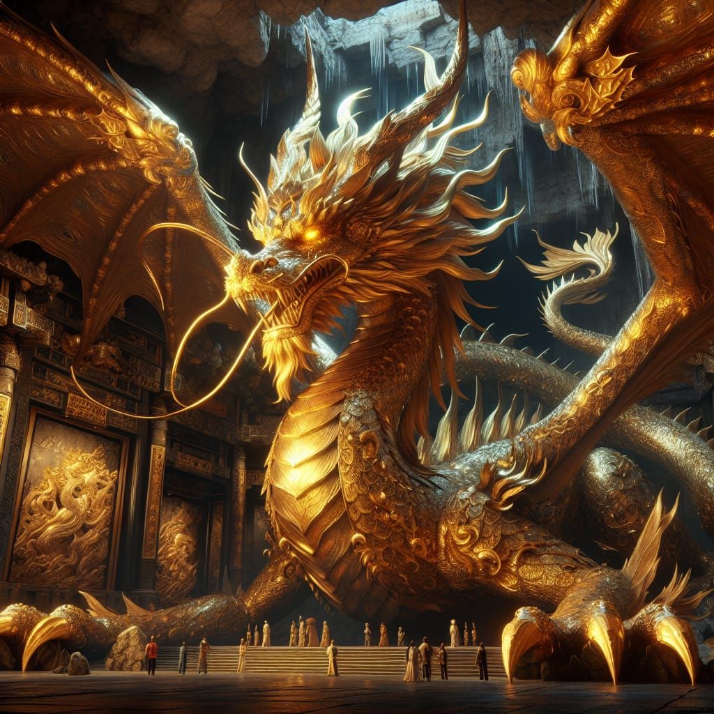 Majestic Golden Dragon in Gemstone Lair