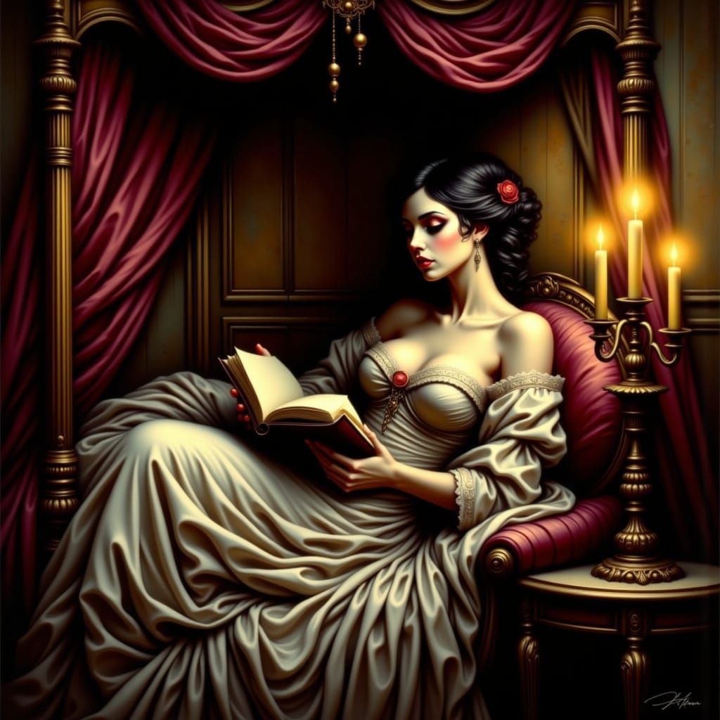 Woman in Baroque-Inspired Bedchamber Reading a Leather-Bound...