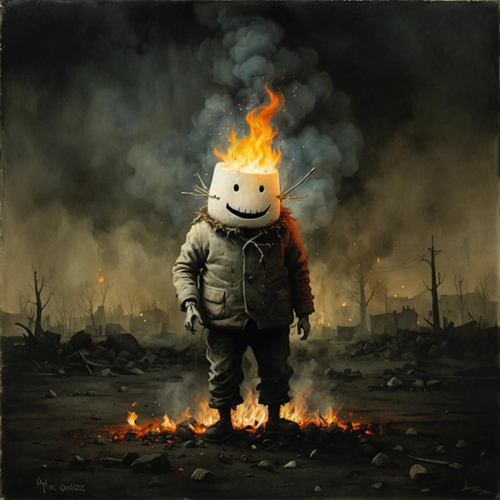 Humorous Marshmallow Zombie on Fire: Ink Wash Art