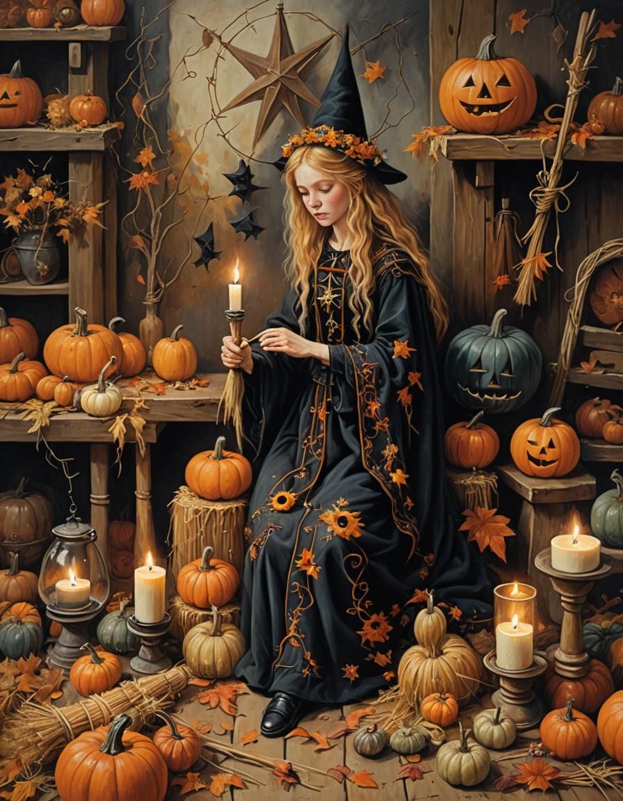Autumn Witchcraft Scene in Oil Painting Style