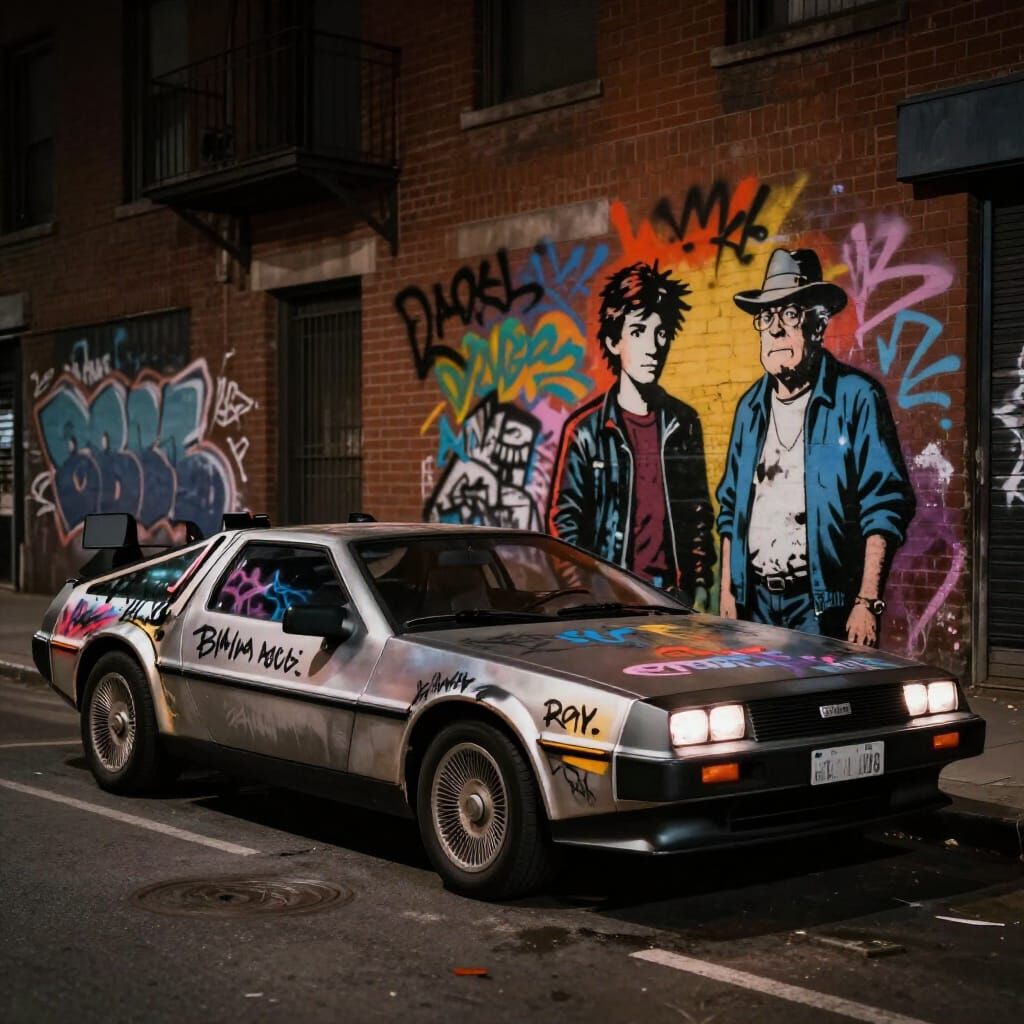 Graffiti DeLorean Street Art at Night