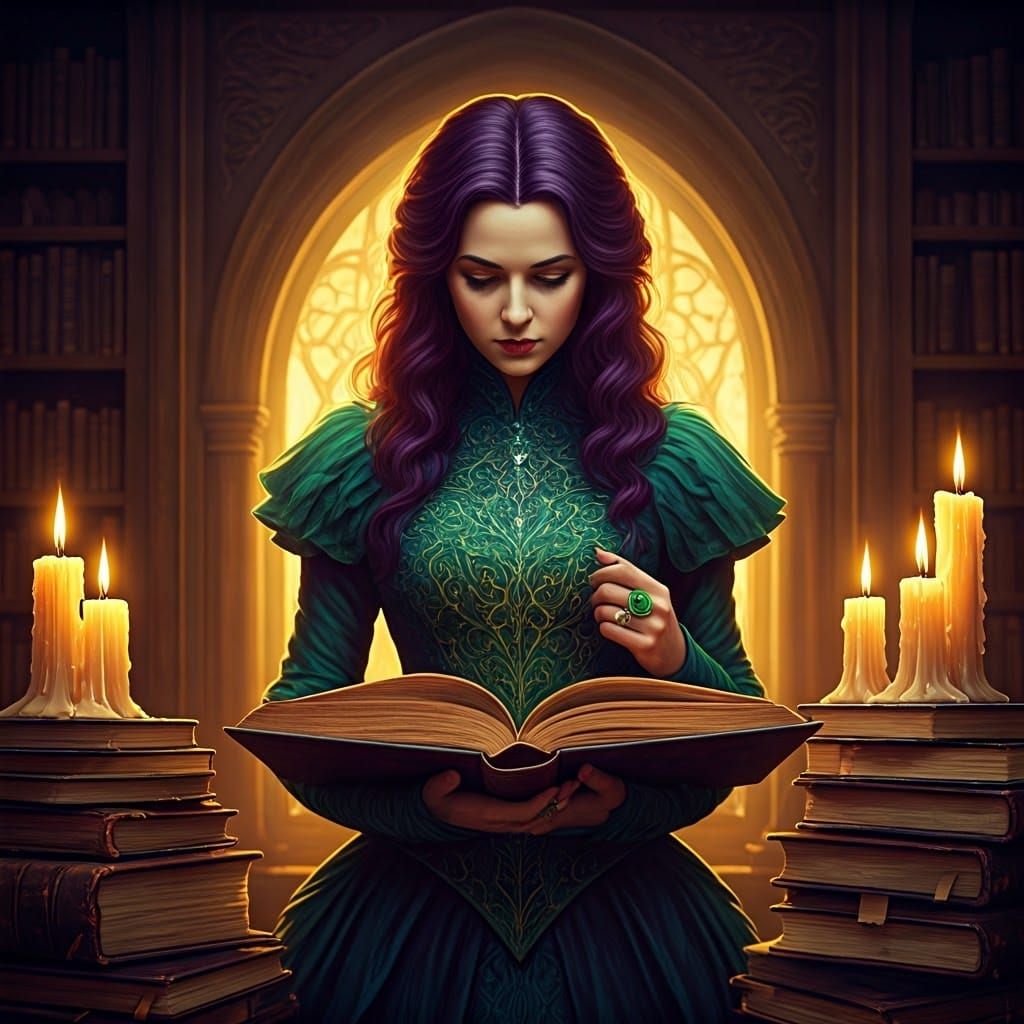 Elphaba in Mystical Library, Dark Fantasy Art