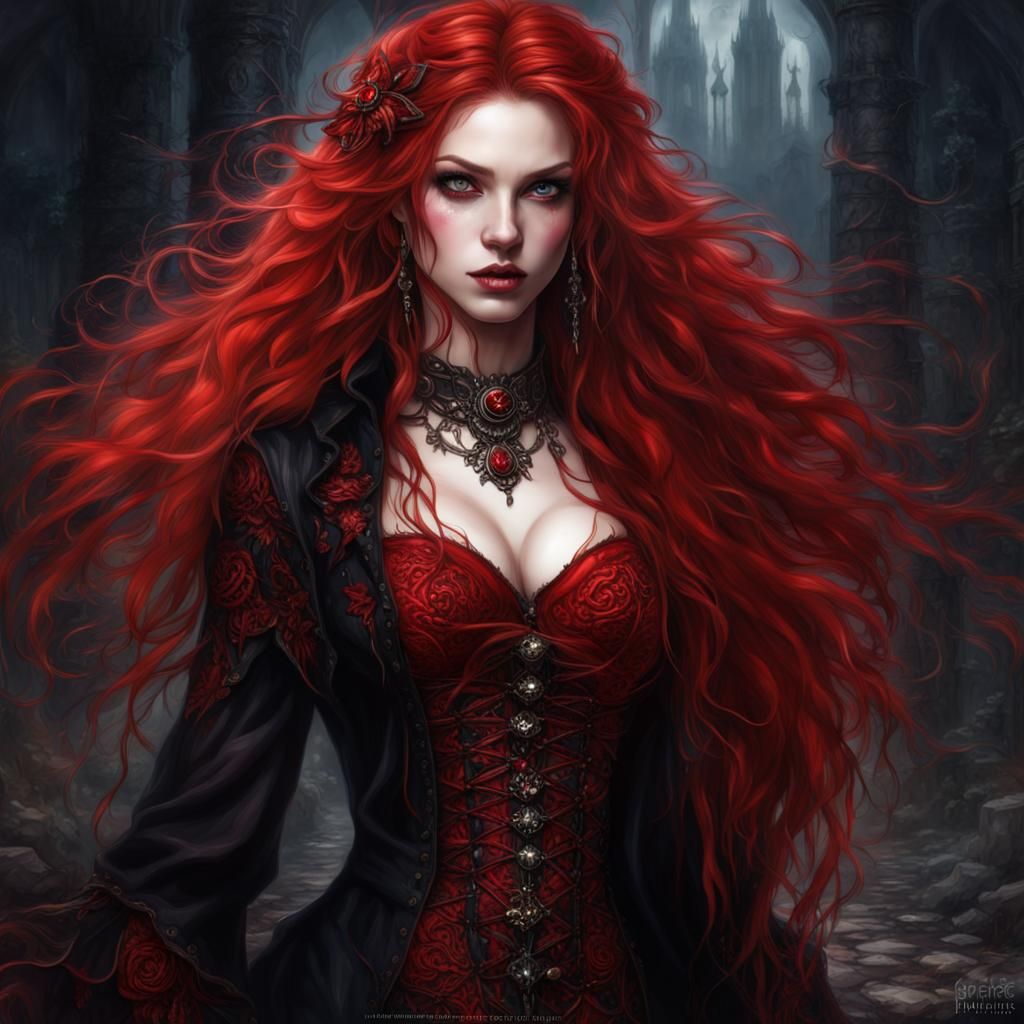 Beautiful Gothic Red-Haired Woman in Fantasy Art