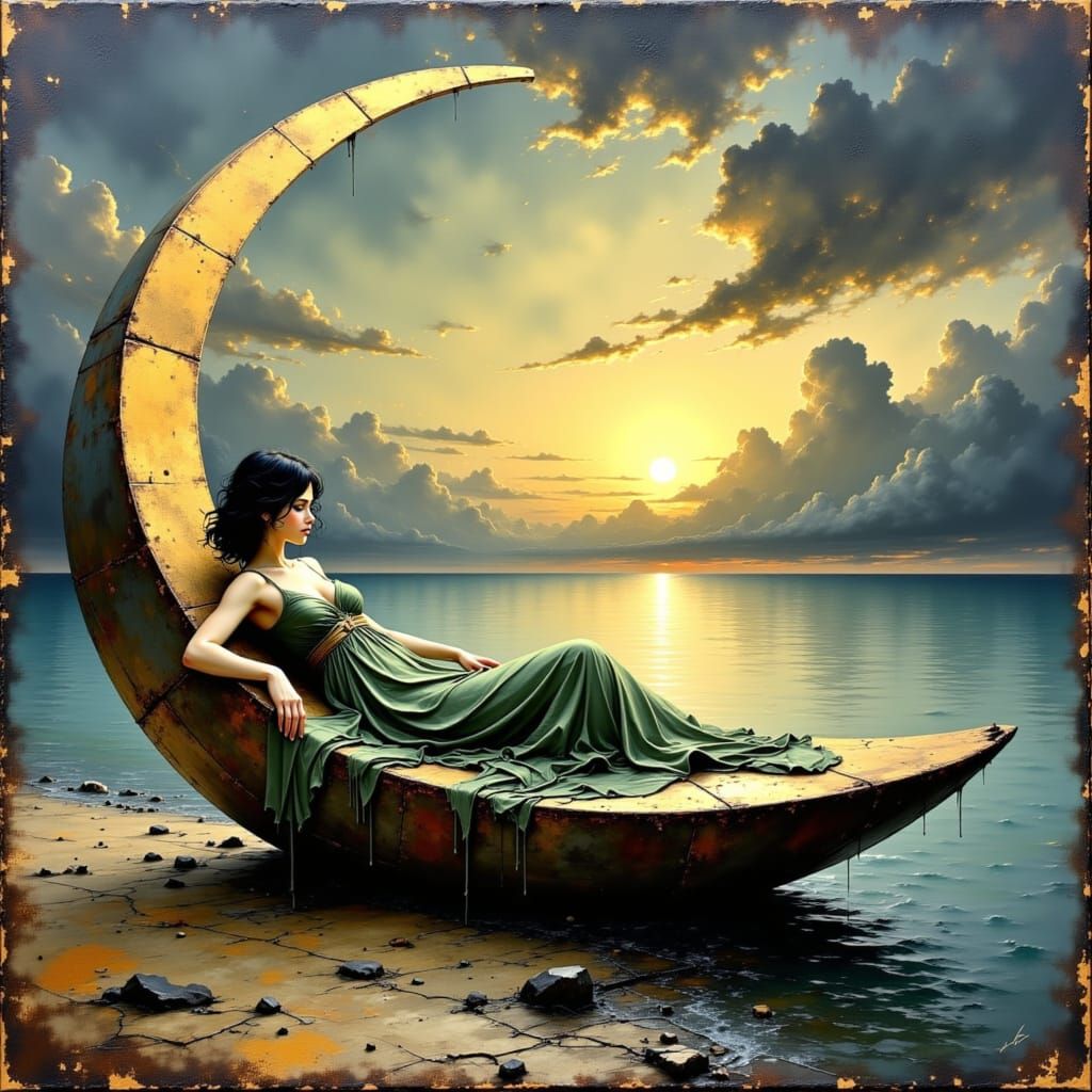 Dreamy Moon Bed by the Sea: Impasto Oil Painting