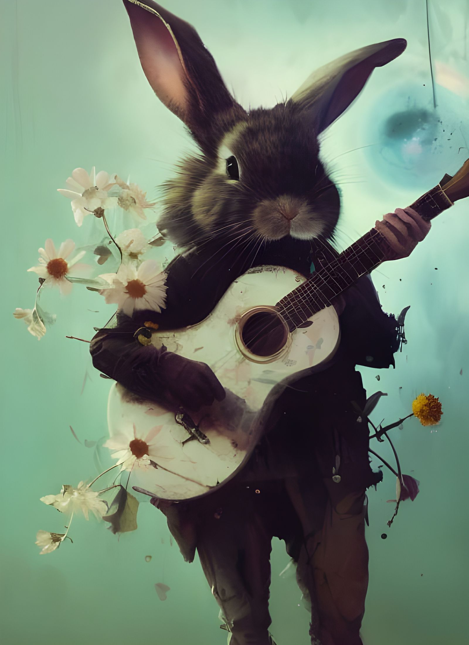 Adorable Bunny Guitarist in Hyperrealistic Painting