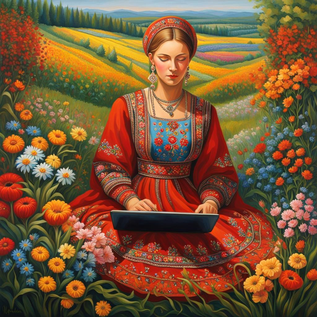 Ukrainian Woman with Laptop in Nature Scene